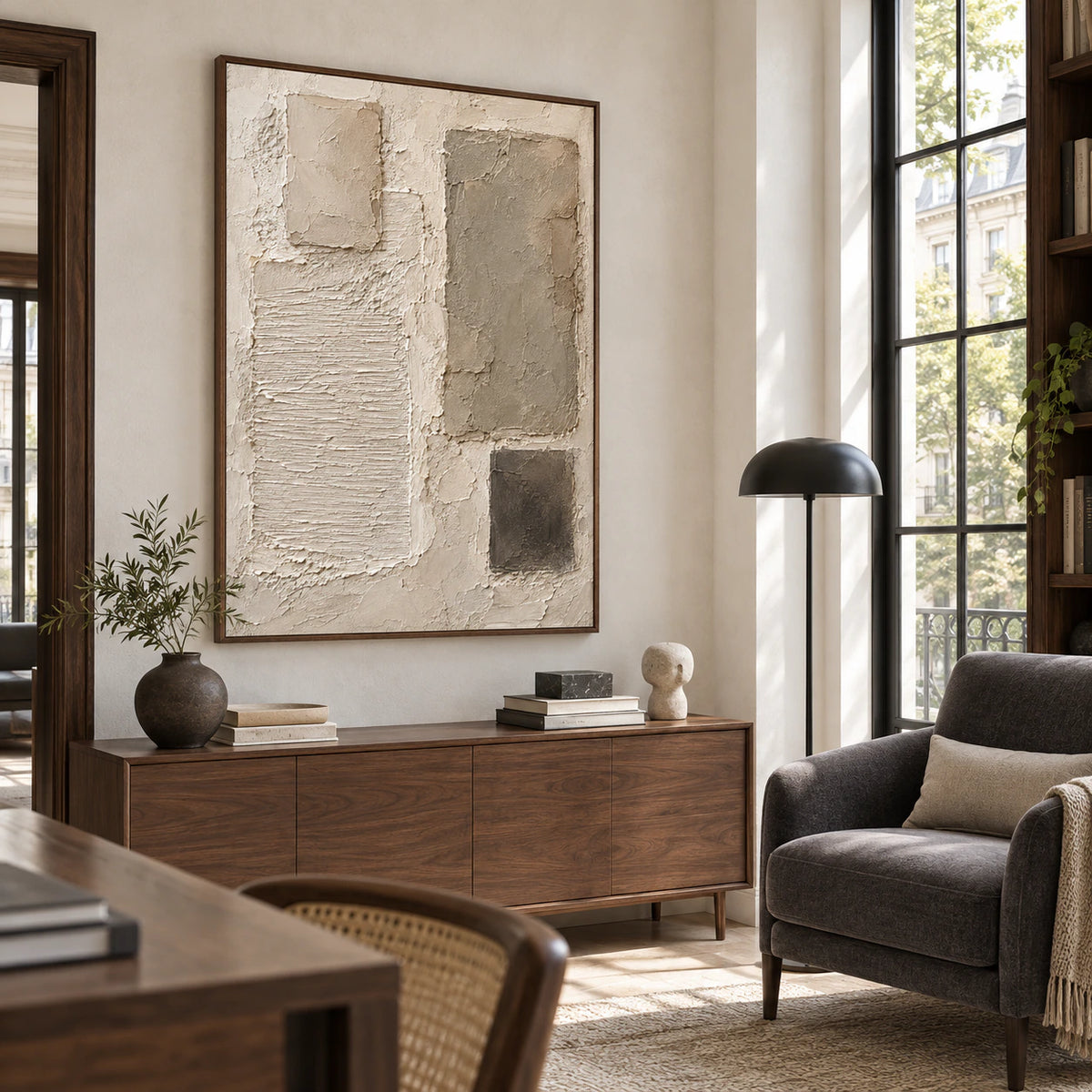 Airy reading space with the Plaster-Relic painting as the dominant wall artwork.