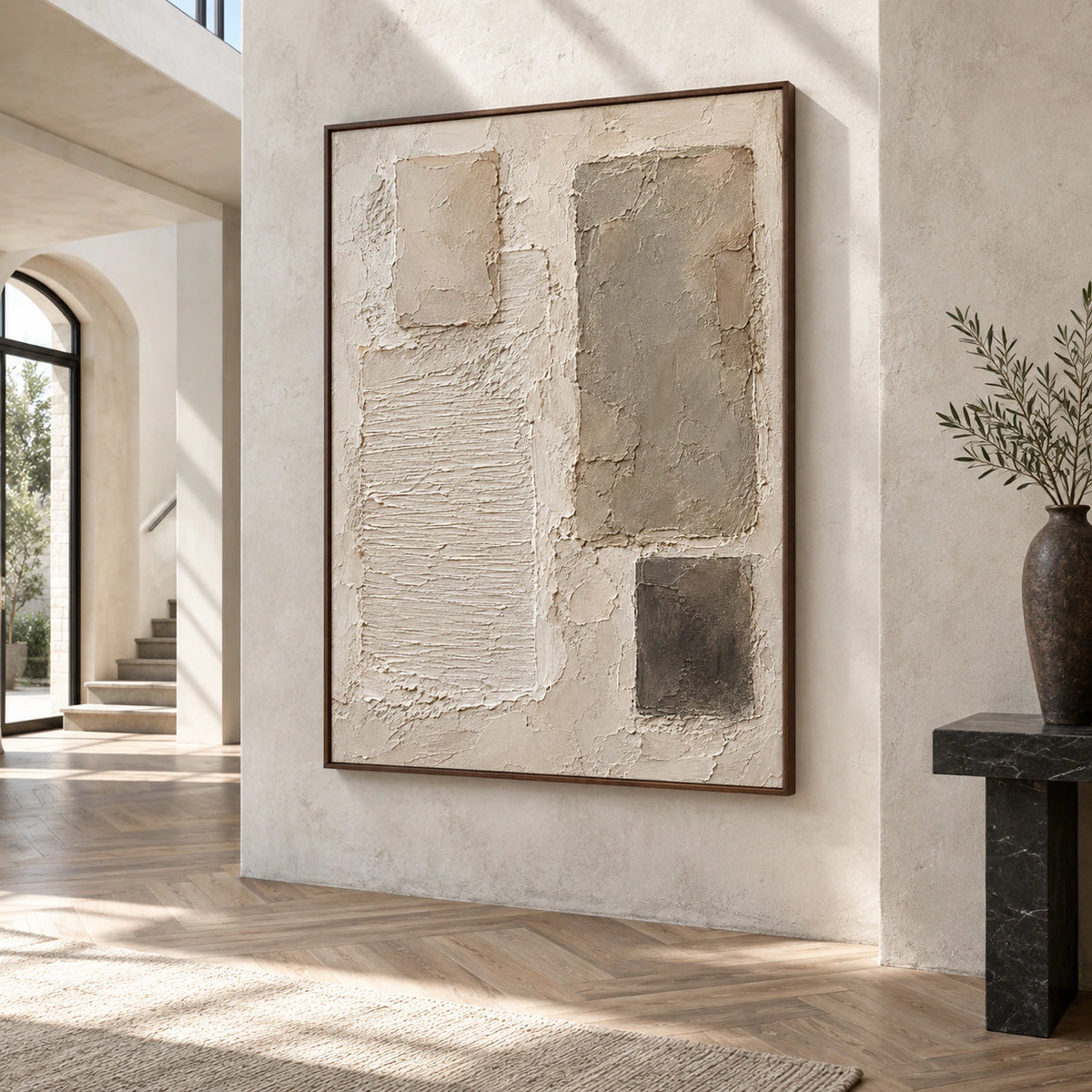 Gallery-scale foyer centered on the Plaster-Relic vertical abstract painting.