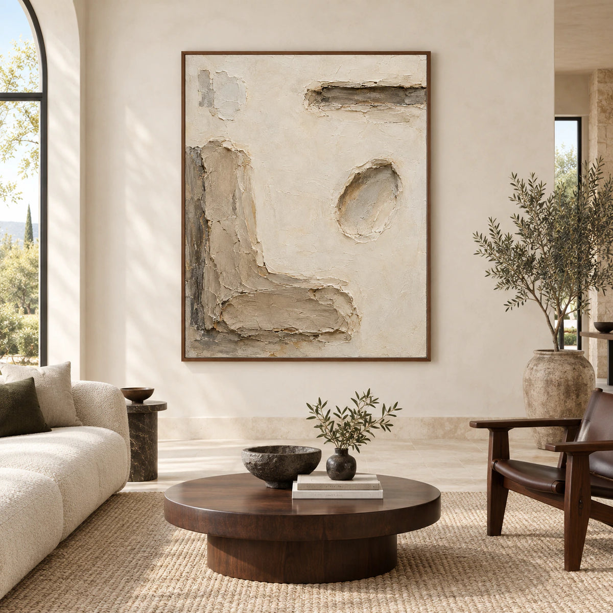 Large vertical Plaster-Relief artwork shown straight-on in a bright, expansive architectural living space.