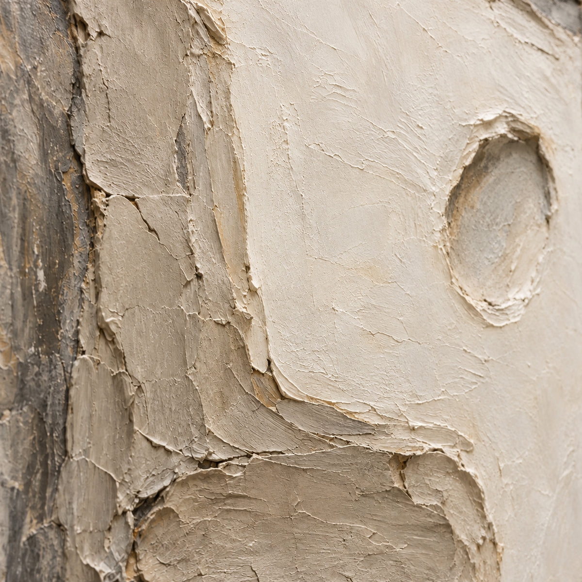 Plaster-Relief oil painting brushwork and impasto detail photographed from an oblique side angle