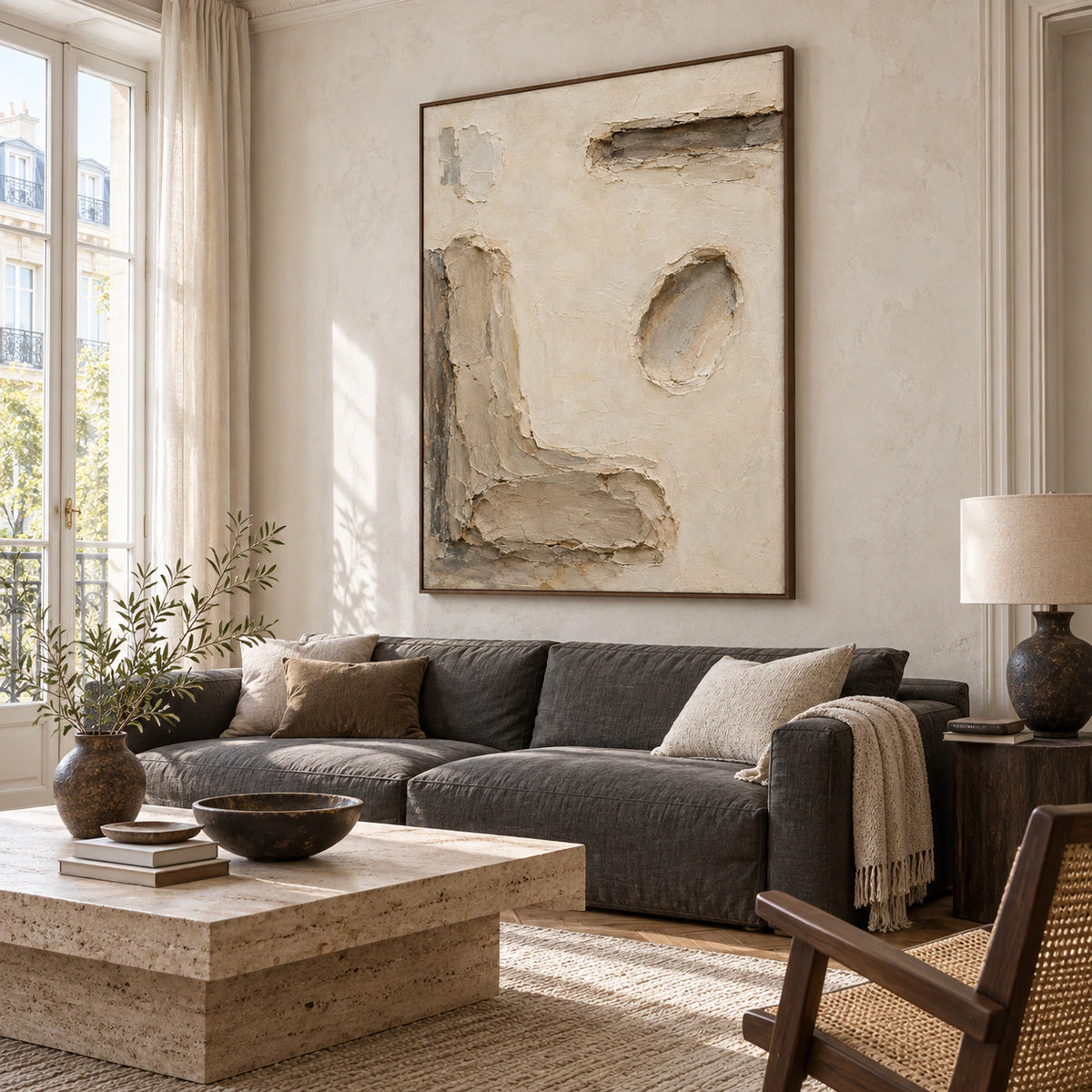 Plaster-Relief as the focal artwork above a restrained sofa in a bright living room.