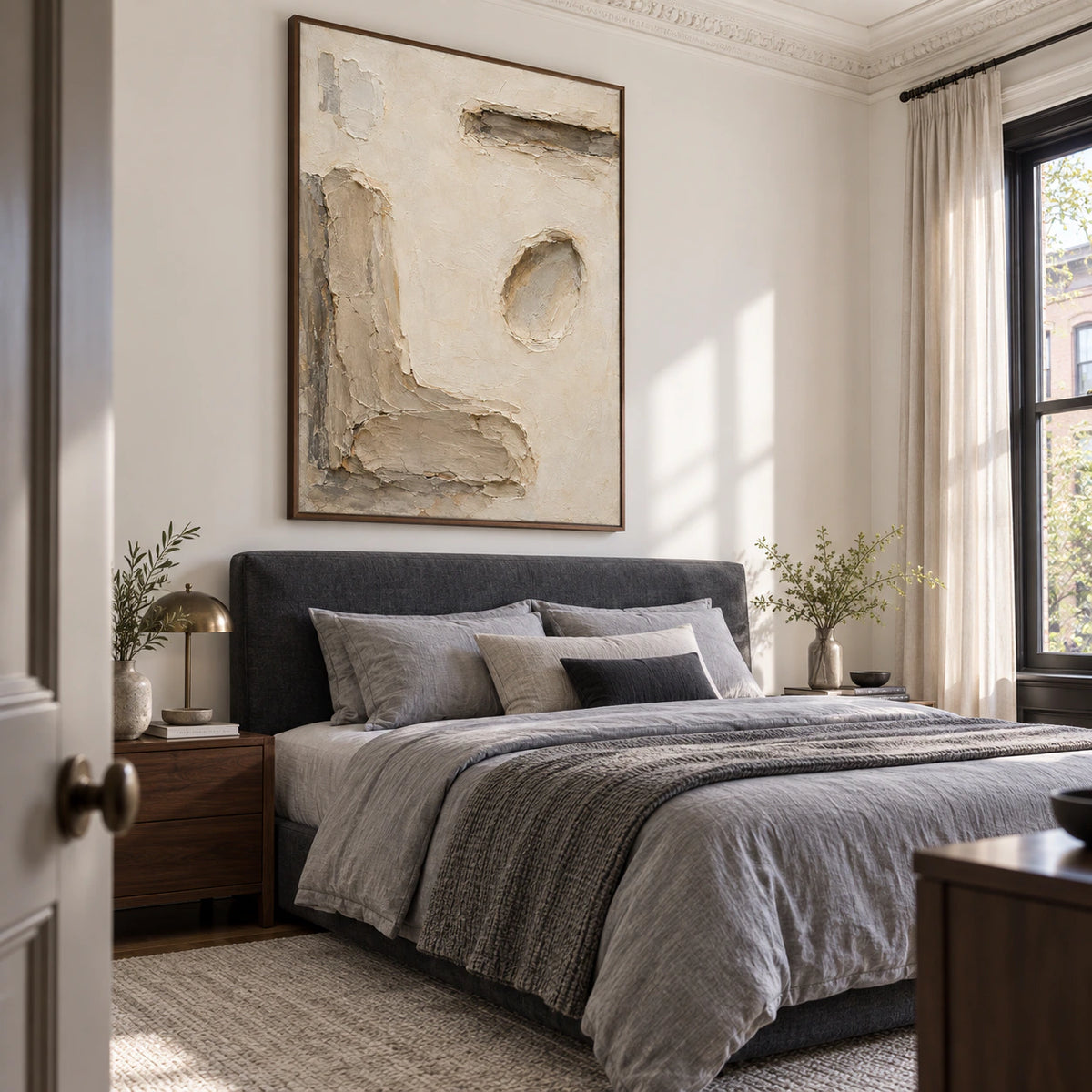 Vertical Plaster-Relief artwork bringing tactile calm to a quiet bedroom.