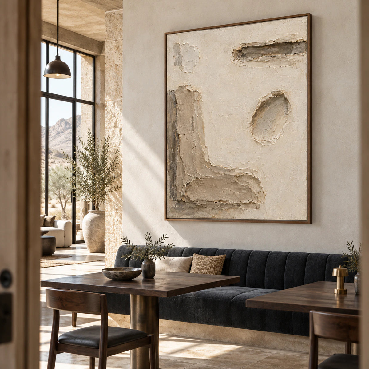 Large Plaster-Relief artwork as the focal point in an expansive hospitality loft interior.
