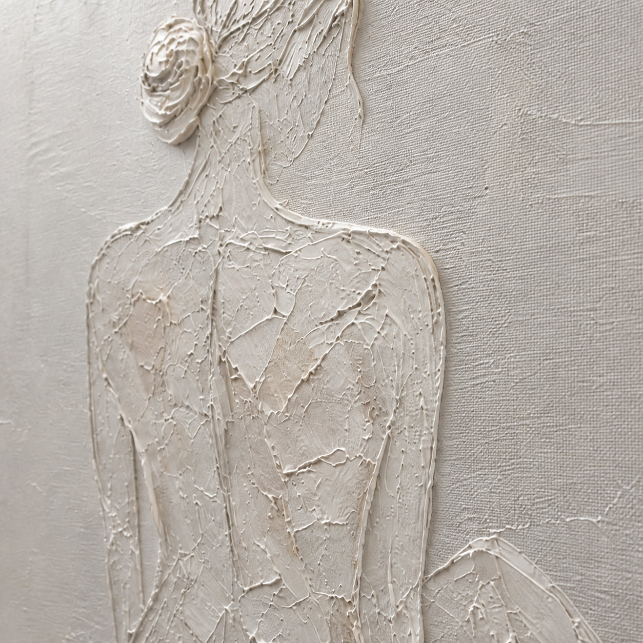 Plaster-Reverie oil painting brushwork and impasto detail photographed from an oblique side angle