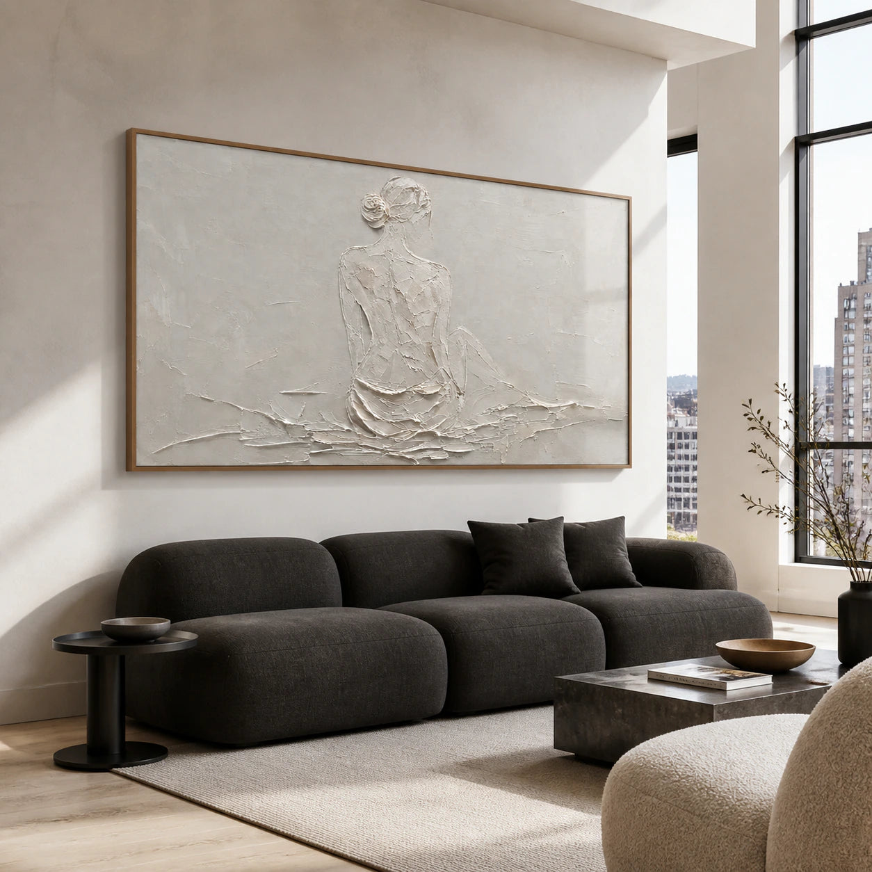 Plaster-Reverie above a neutral sofa in a bright contemporary living room.