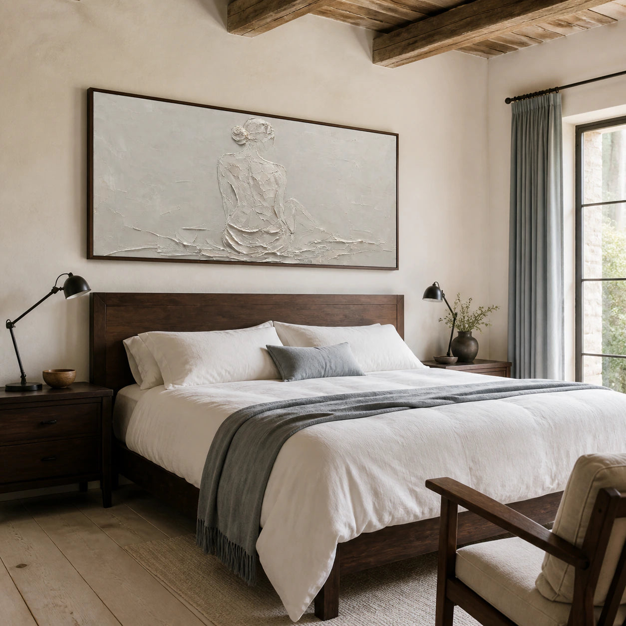 Plaster-Reverie above a quiet bed in a softly lit minimalist bedroom.
