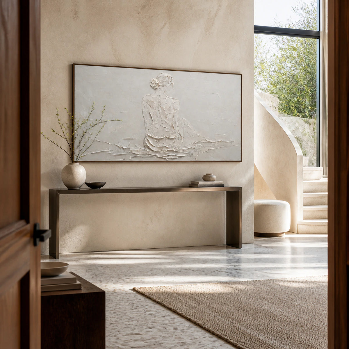 Plaster-Reverie at gallery scale in a bright stone-clad foyer.