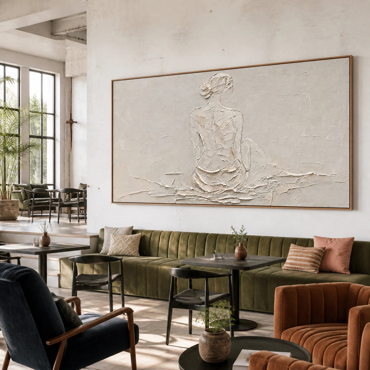 Plaster-Reverie as a large focal artwork in an expansive loft hospitality interior.