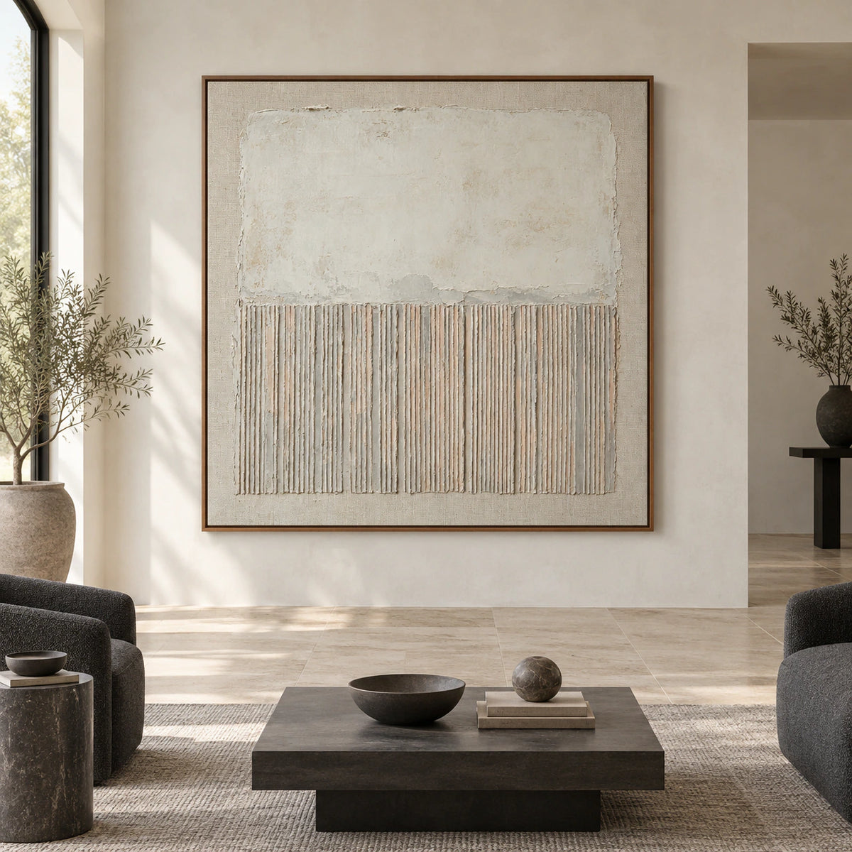 Large square ivory textured abstract painting shown straight-on in a bright architectural living space.