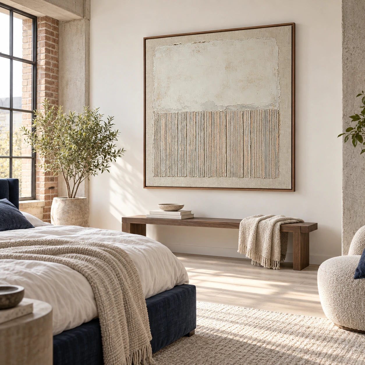 Square ivory textured abstract painting in a quiet, light-filled bedroom.