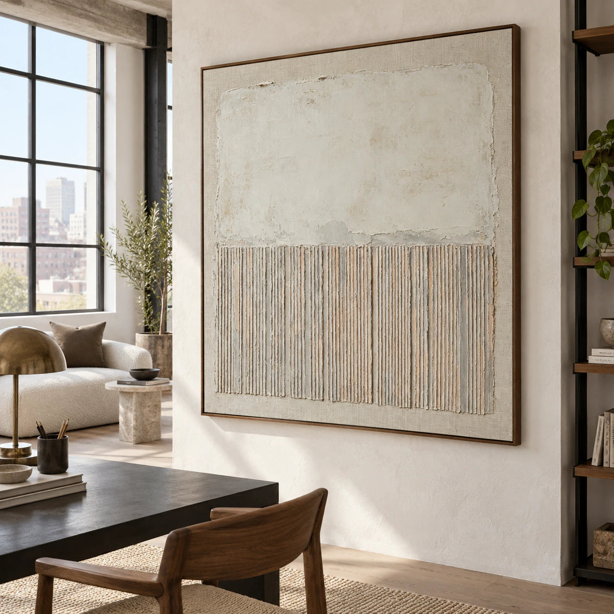 Square ivory textured abstract painting in an airy home office reading space.