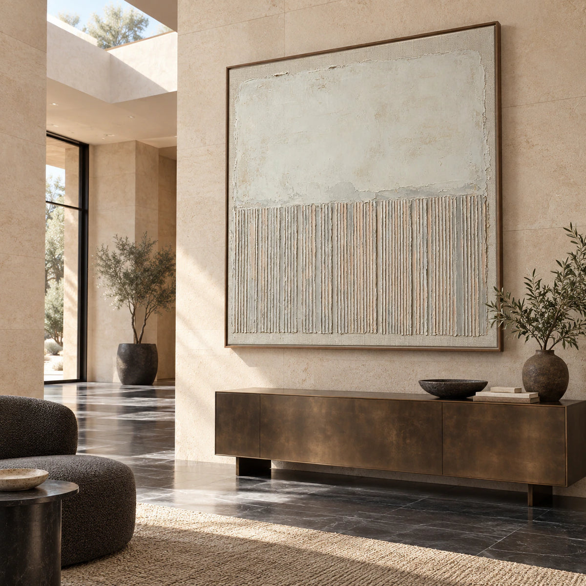 Large square ivory textured abstract painting in a gallery-scale foyer.