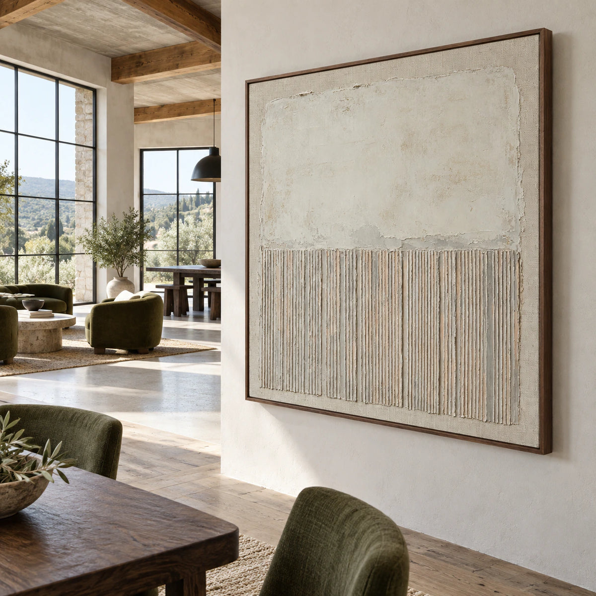 Square ivory textured abstract painting in an expansive daylight loft interior.