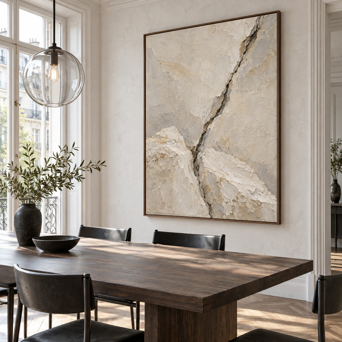 Large ivory and grey fissure painting in a refined daylight dining room.