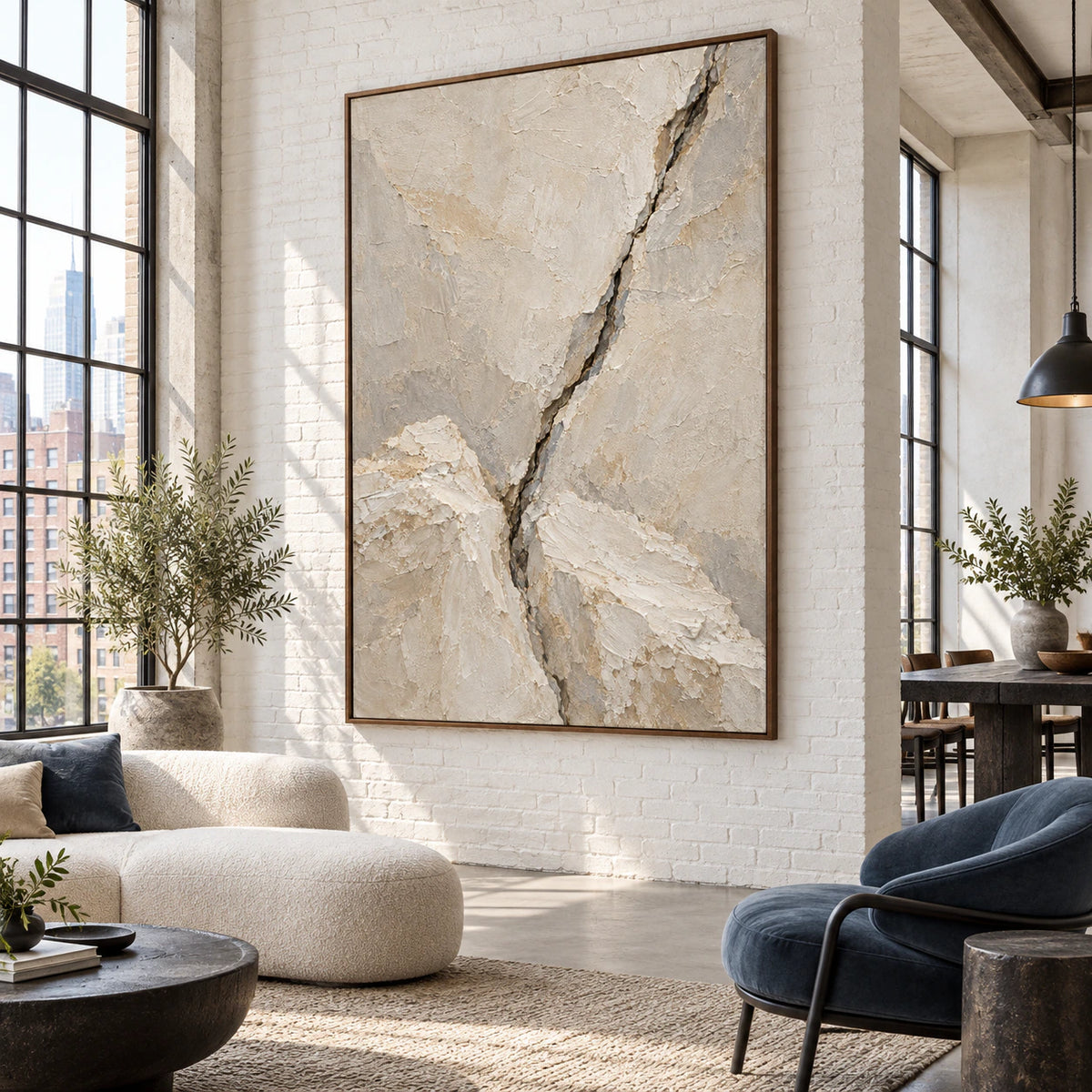 Large textured fissure painting in an expansive daylight loft hospitality interior.