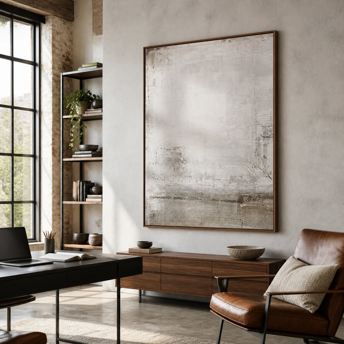Pale textured abstract painting in an airy reading and home office space.