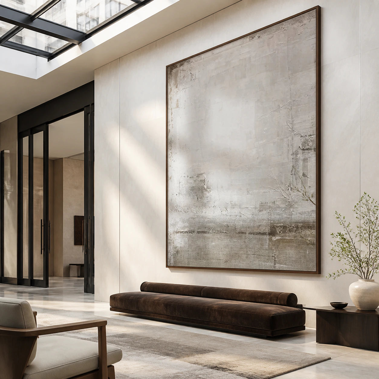 Large pale textured abstract painting in a gallery-scale stone foyer.
