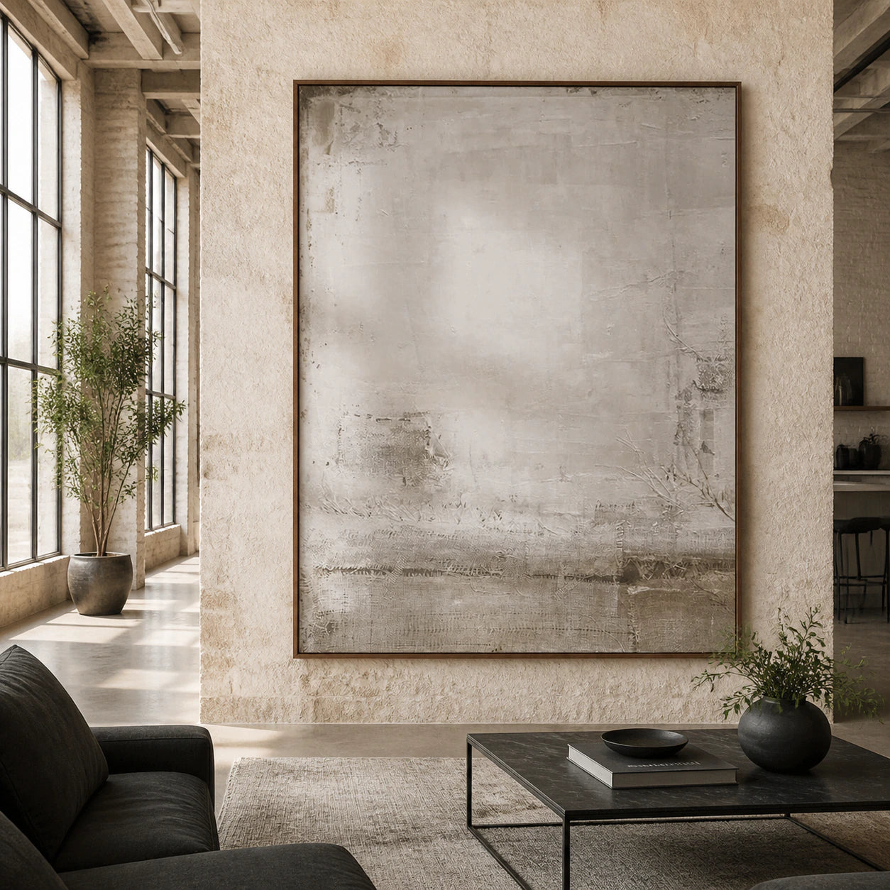 Pale textured abstract painting in a bright expansive loft hospitality interior.