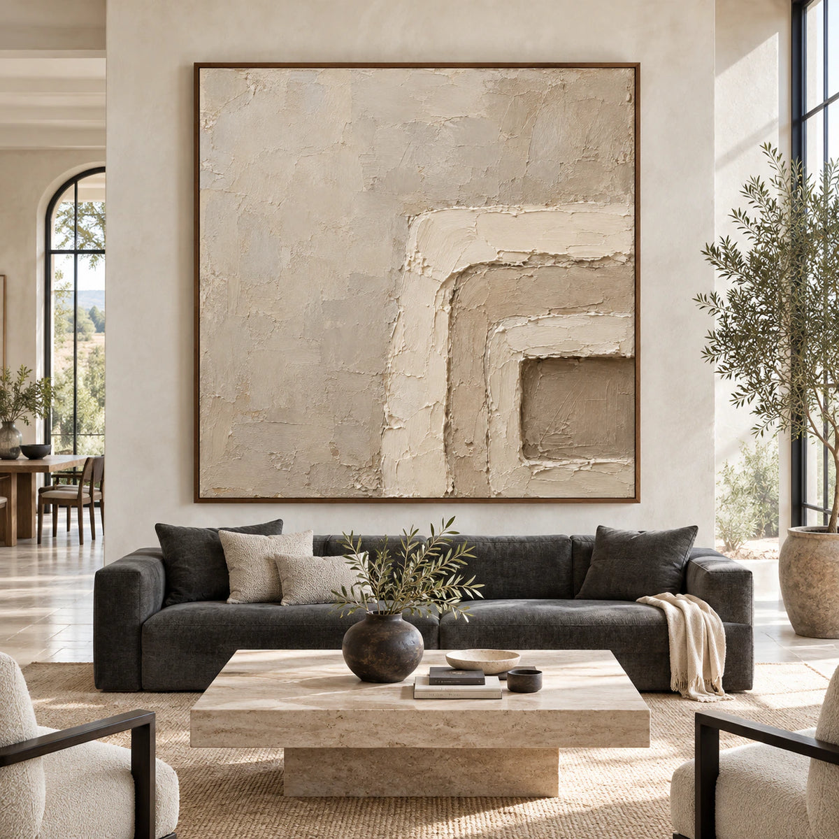 Large square Plaster-Threshold textured artwork presented straight-on in a bright architectural living space.