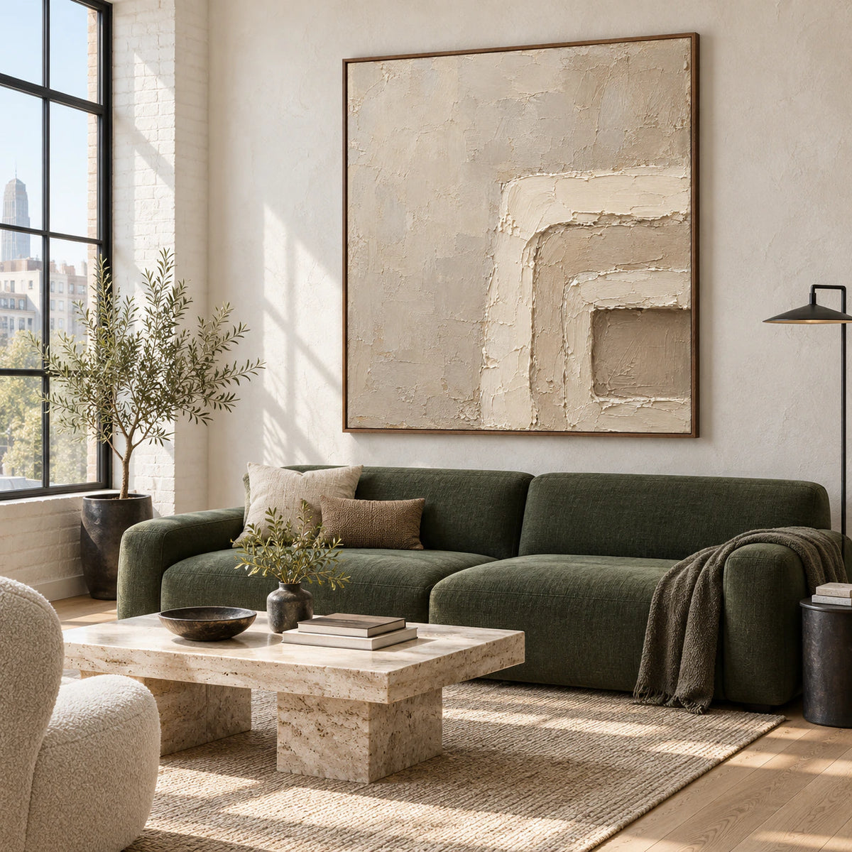 Plaster-Threshold as the focal square artwork above a bright living-room sofa.