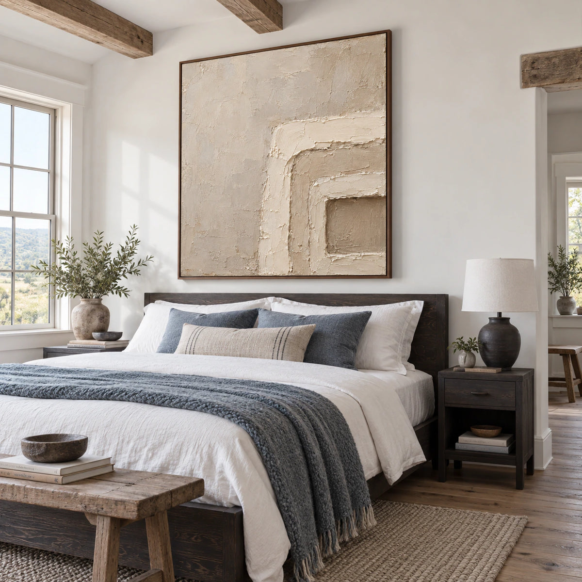 Plaster-Threshold anchoring a quiet, naturally lit bedroom.