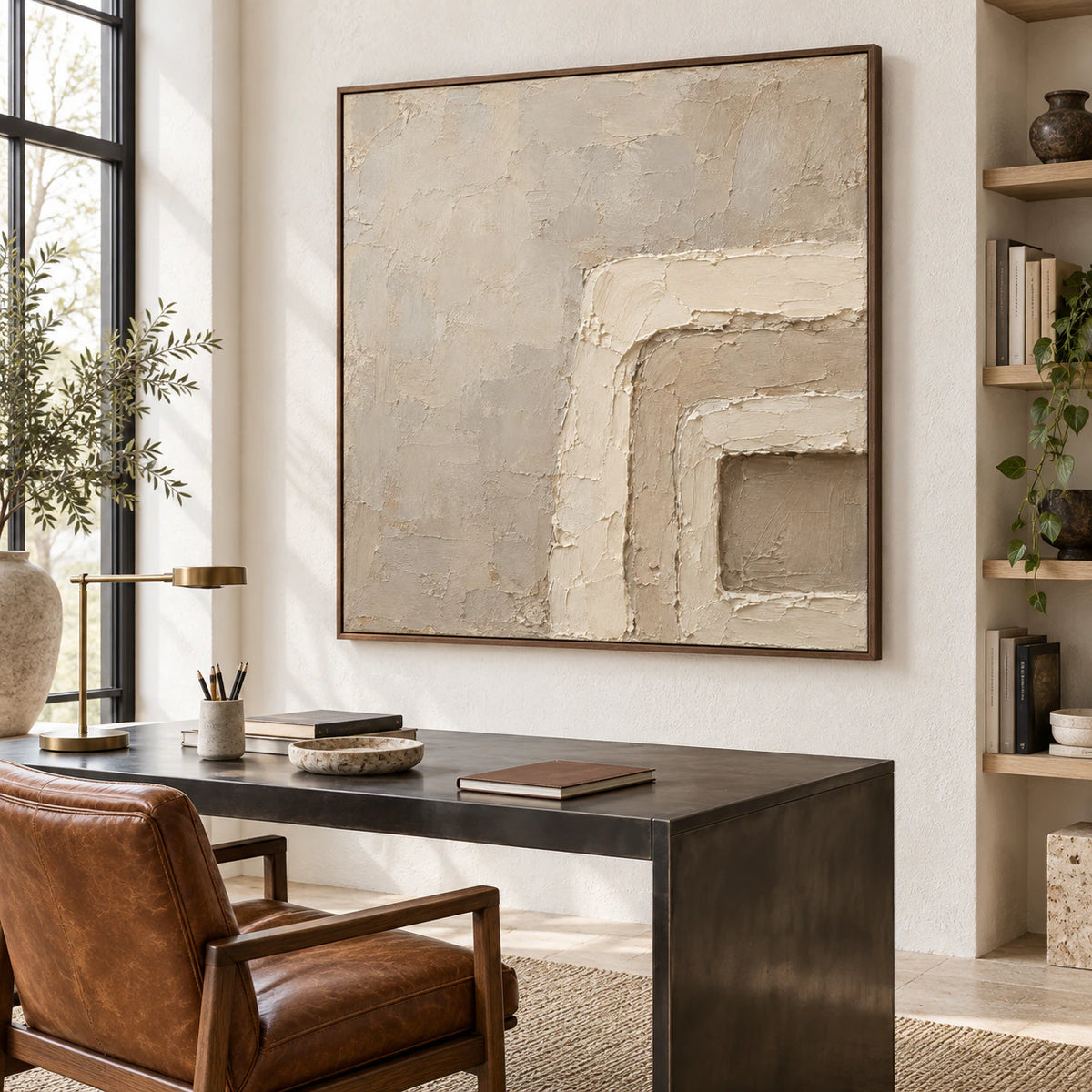 Plaster-Threshold featured in an airy home office reading space.