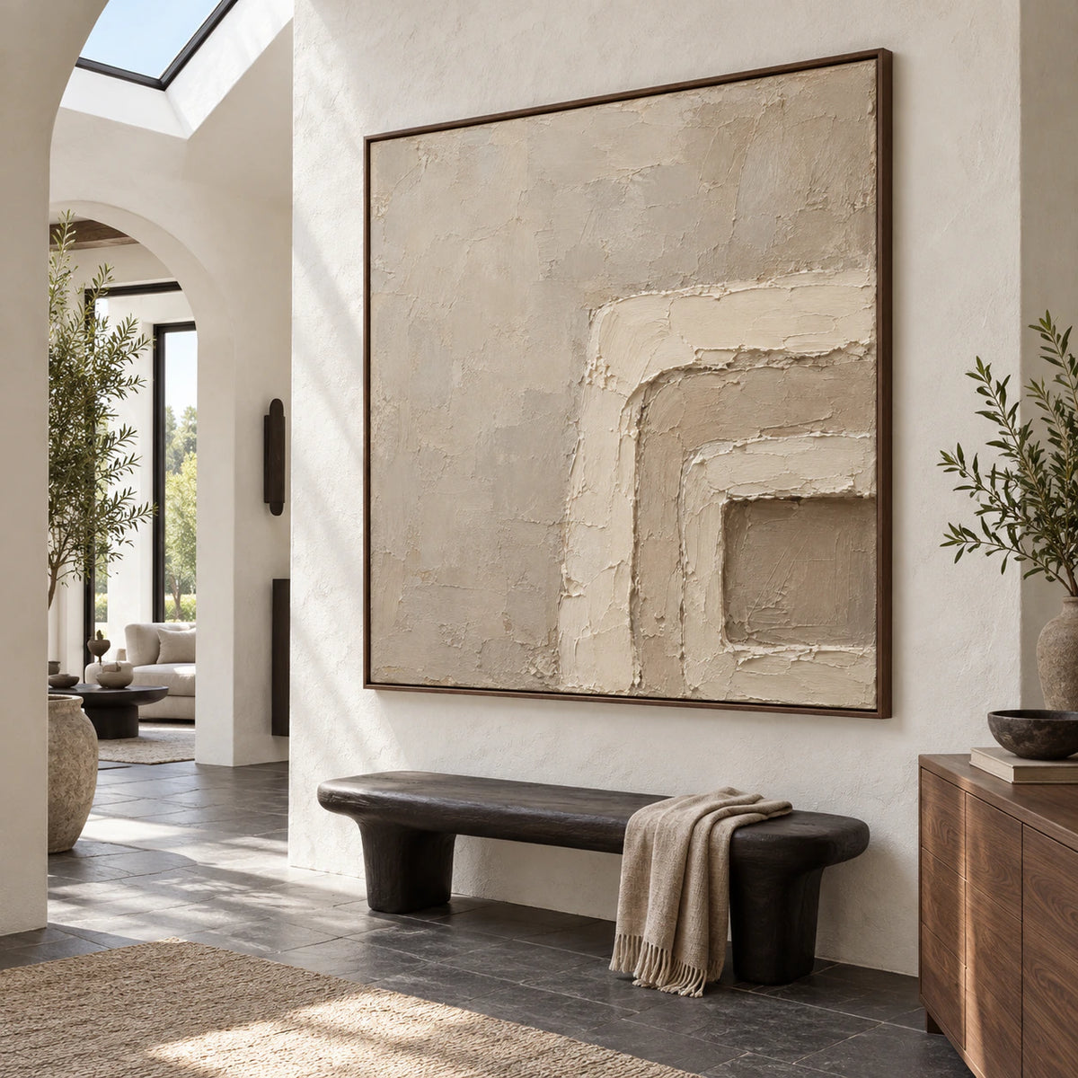 Gallery-scale Plaster-Threshold artwork in a bright sculptural foyer.