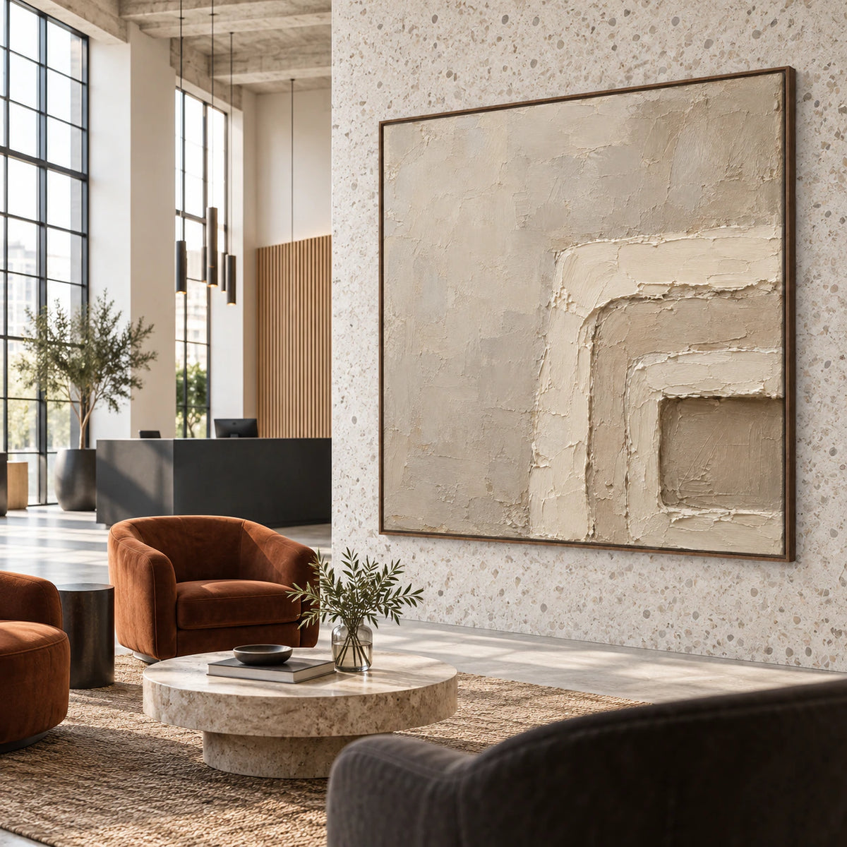 Plaster-Threshold shown at large scale in an expansive daylight loft interior.