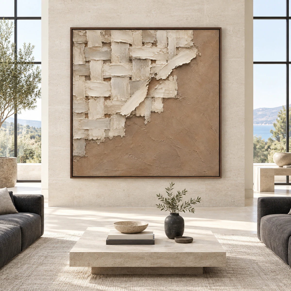 Large square Plaster-Weave artwork shown straight-on in a bright, expansive architectural living space.