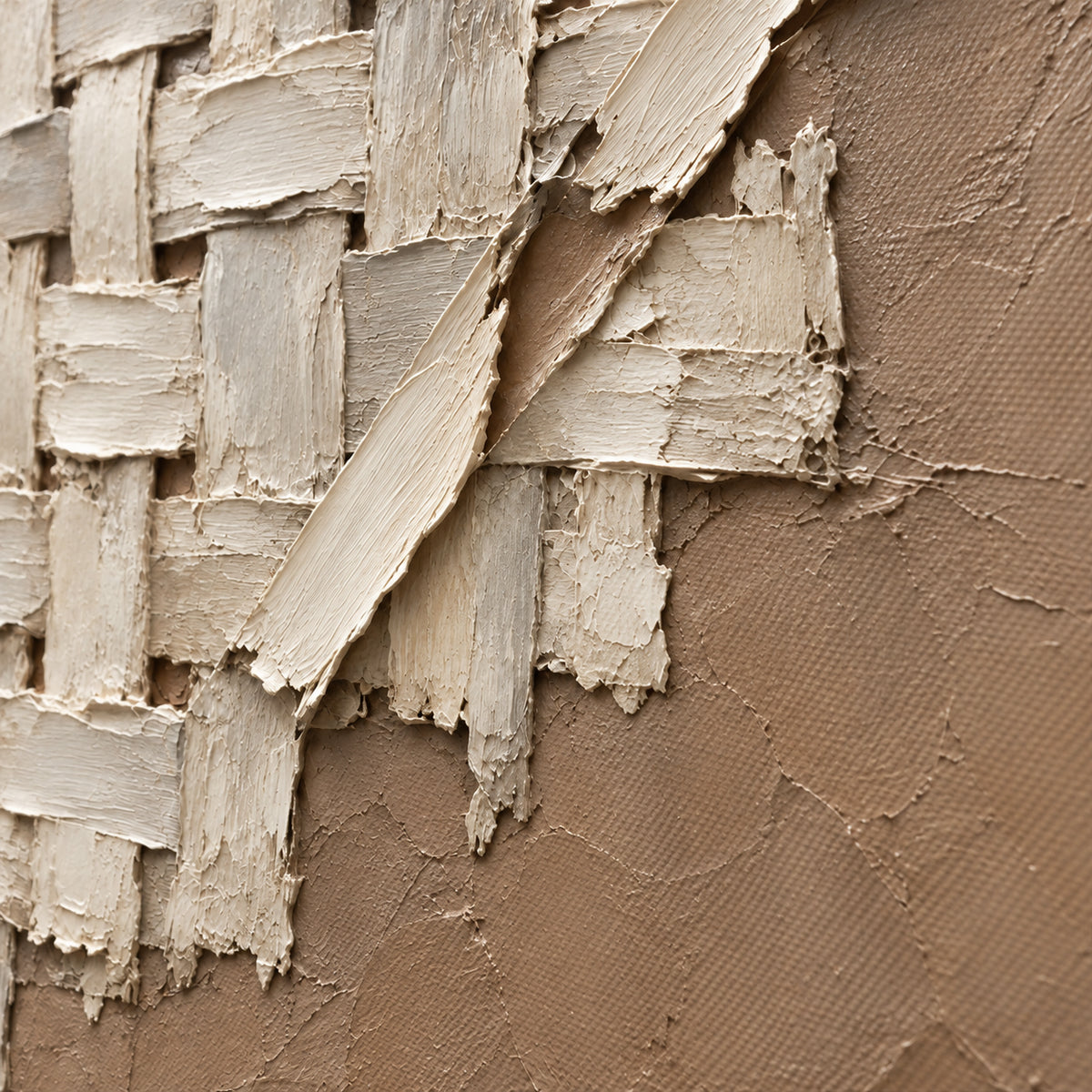 Plaster-Weave oil painting brushwork and impasto detail photographed from an oblique side angle