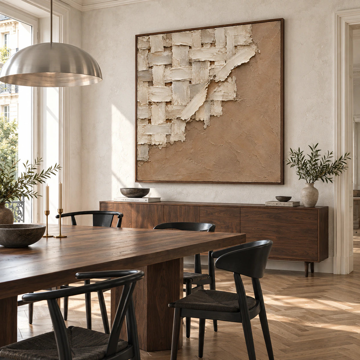 Plaster-Weave above a refined dining setting in a daylight-filled interior.