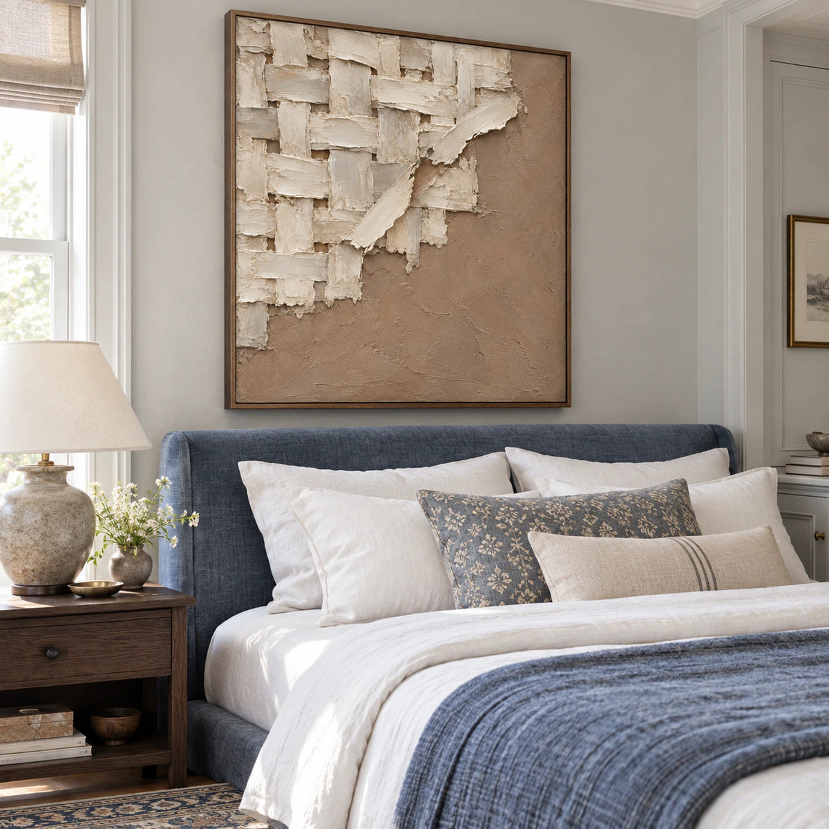 Plaster-Weave as the focal point of a quiet, softly lit bedroom.