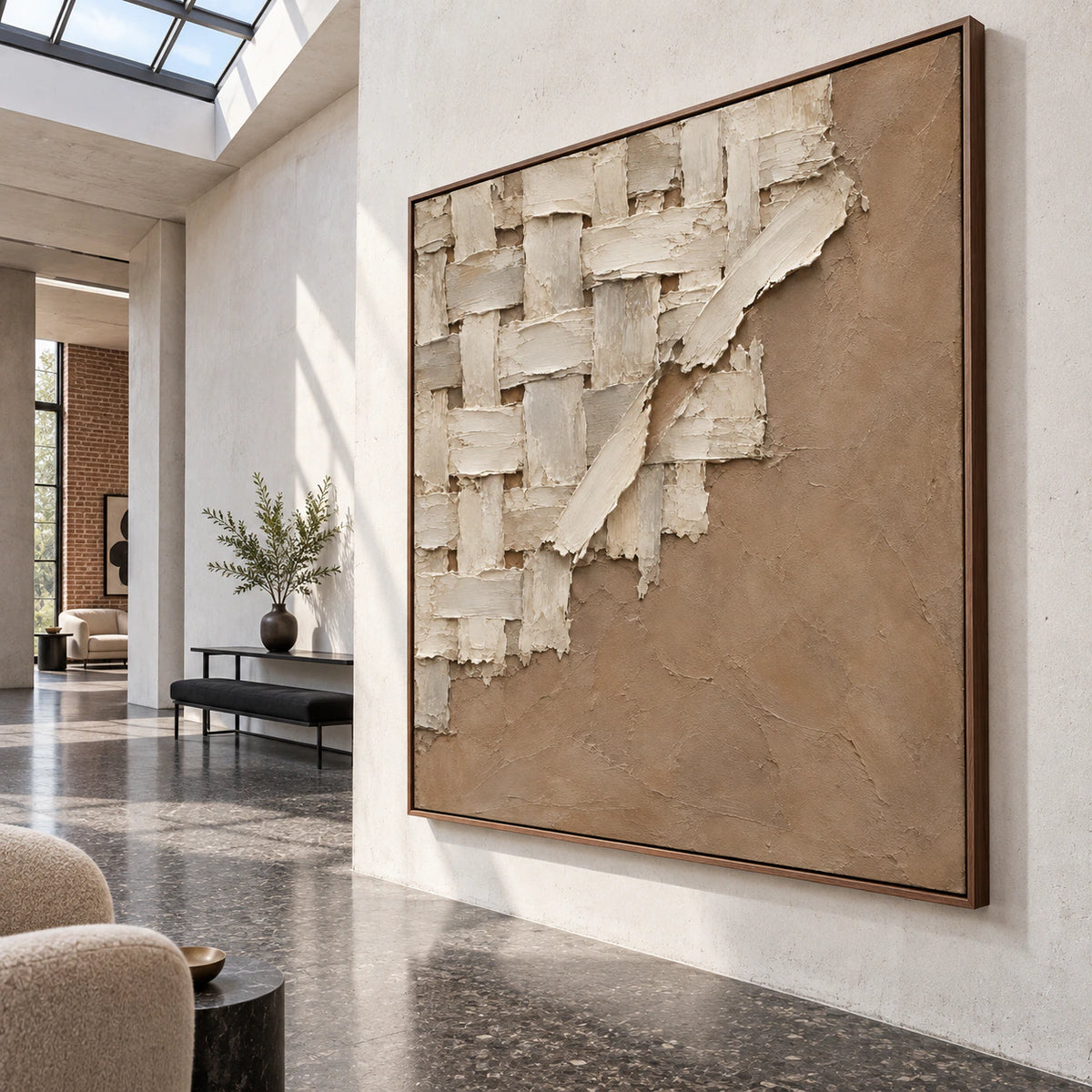 Large Plaster-Weave artwork in a gallery-scale foyer with sculptural architecture.