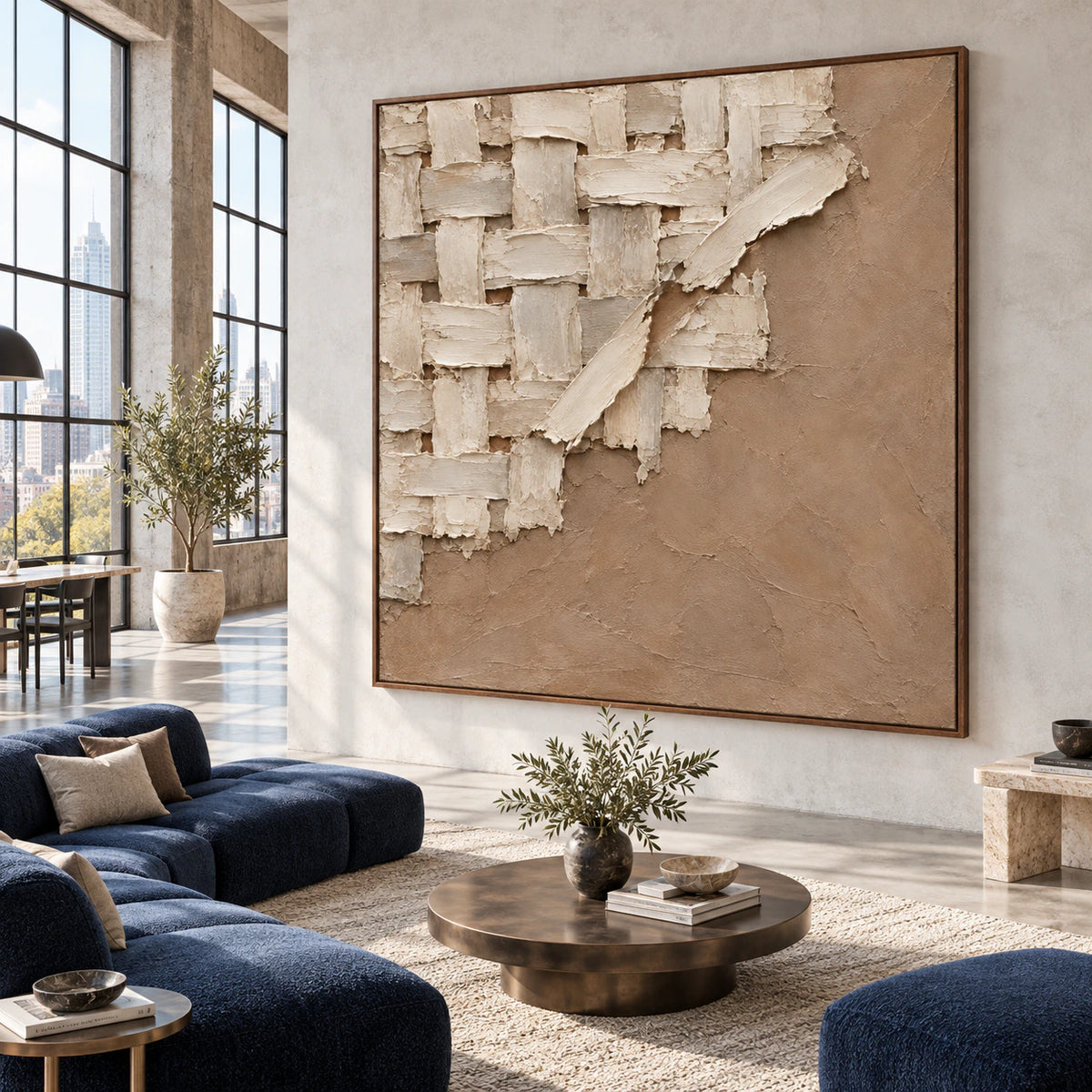 Plaster-Weave featured prominently in an expansive hospitality loft interior.