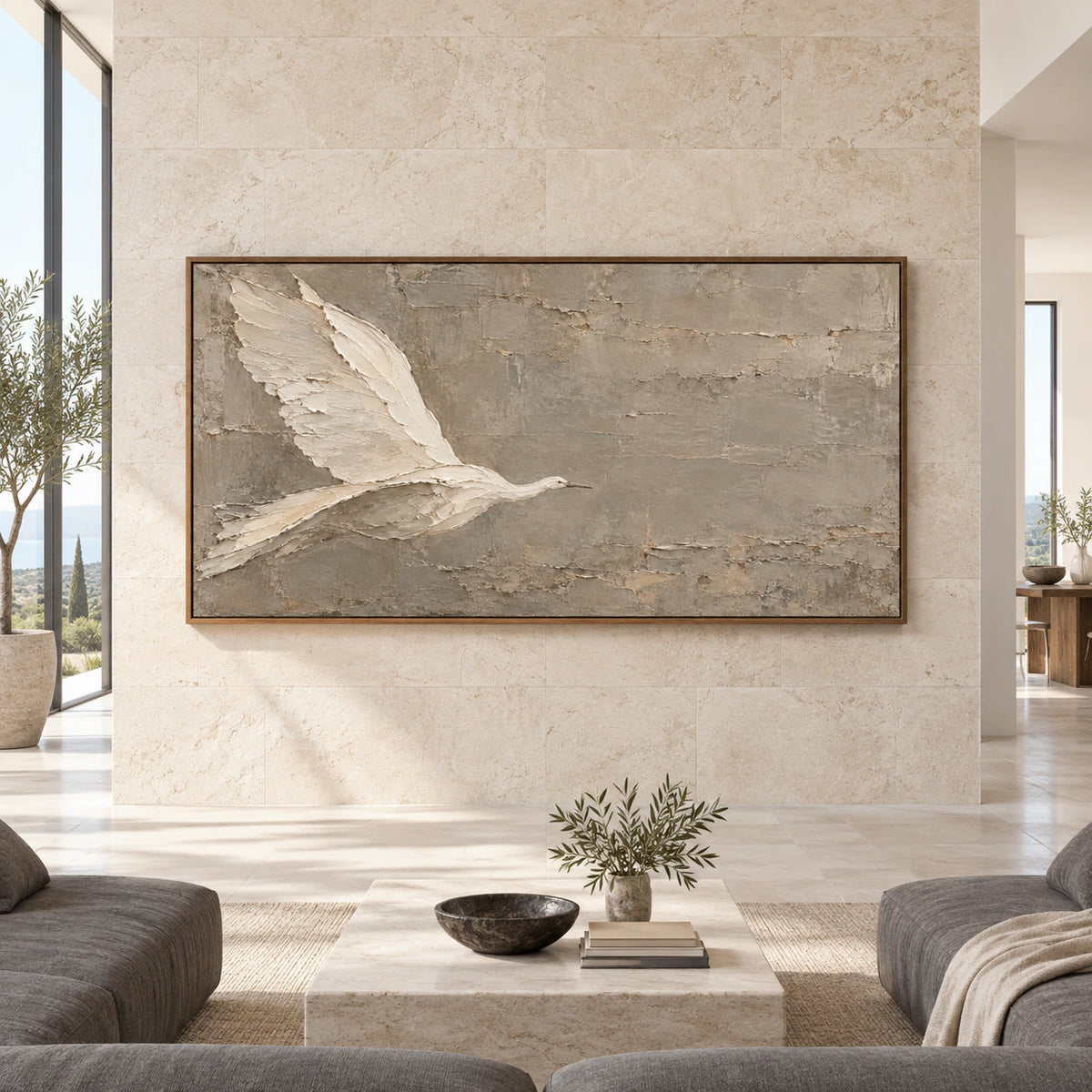 Large textured bird artwork displayed straight-on in a spacious architectural interior