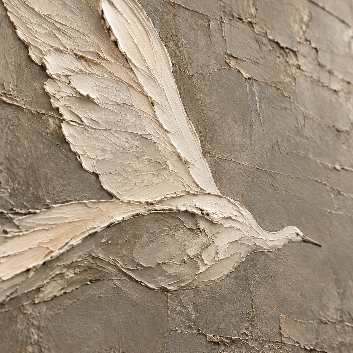 Plaster-Wing oil painting brushwork and impasto detail photographed from an oblique side angle