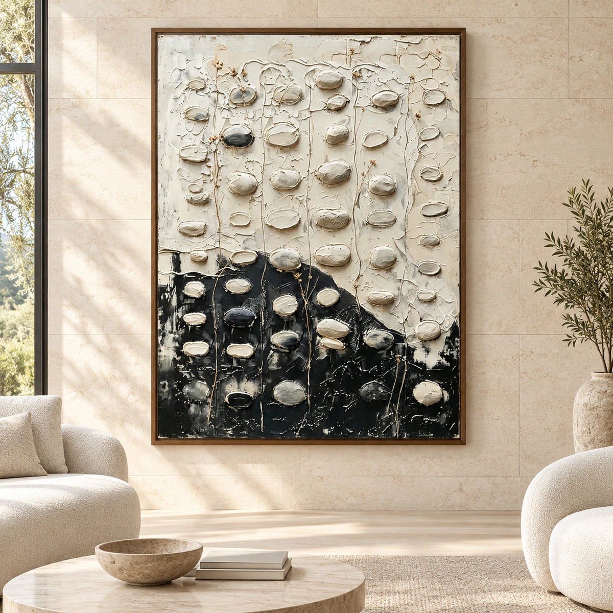 Large vertical black-and-white textured abstract painting displayed straight-on in a spacious architectural living room.