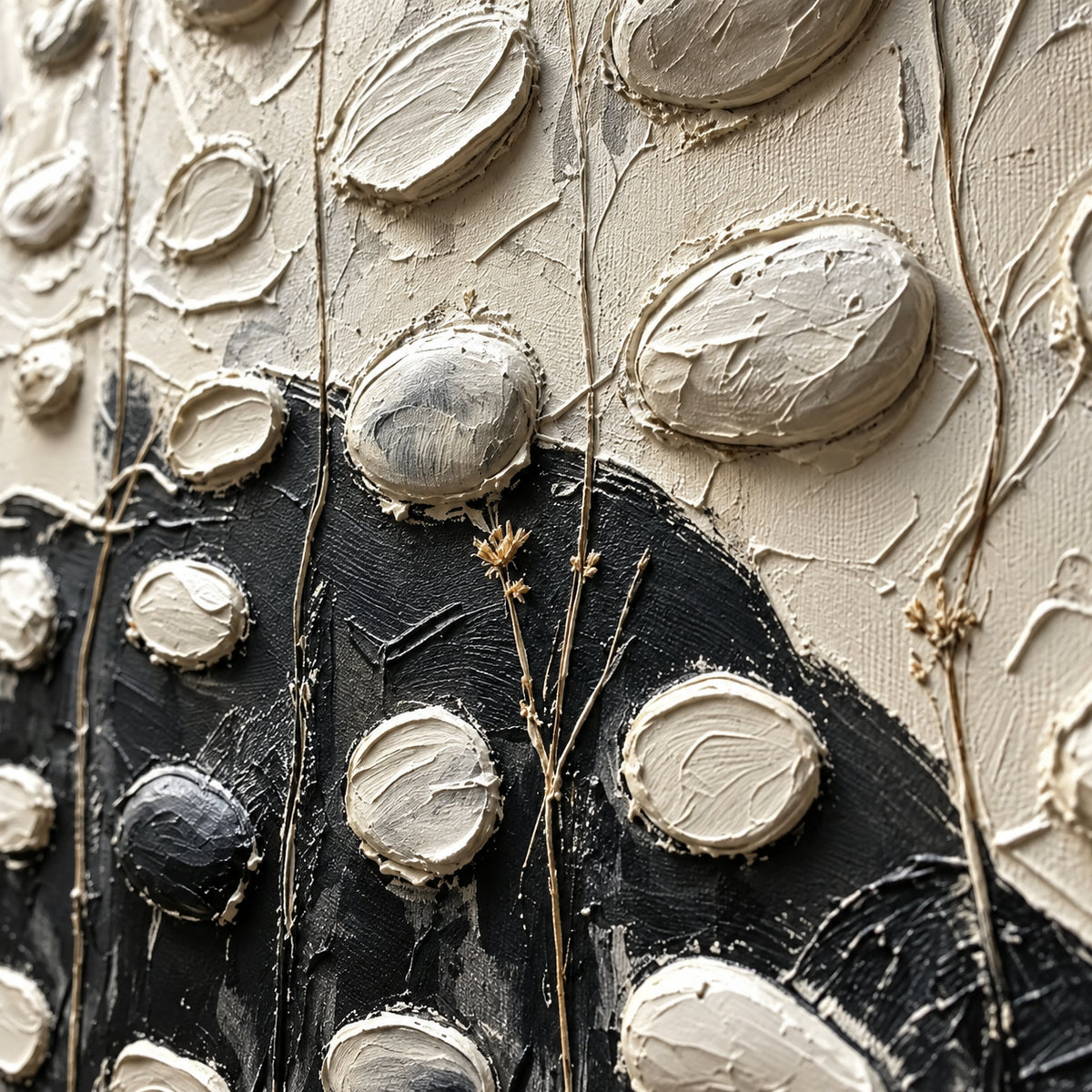 Pollen-Nocturne oil painting brushwork and impasto detail photographed from an oblique side angle