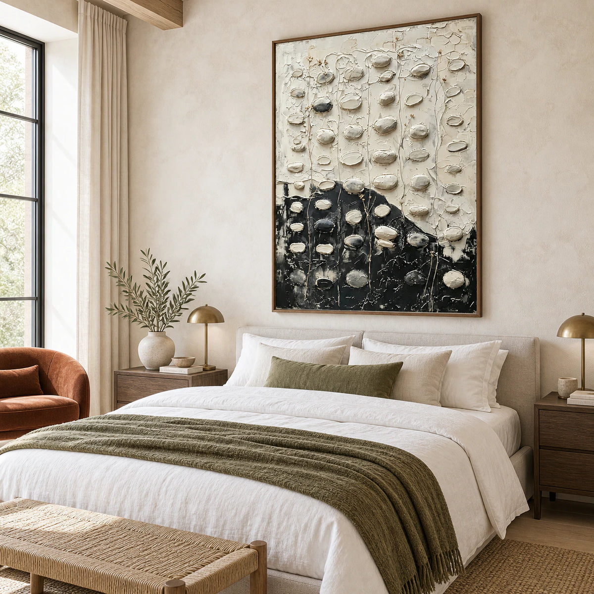 Textured vertical abstract painting as the focal point of a quiet airy bedroom.