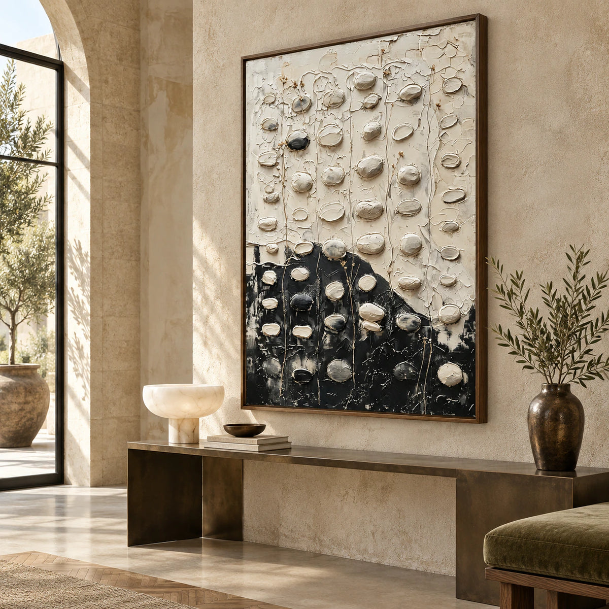 Gallery-scale vertical relief painting in an open sculptural foyer.