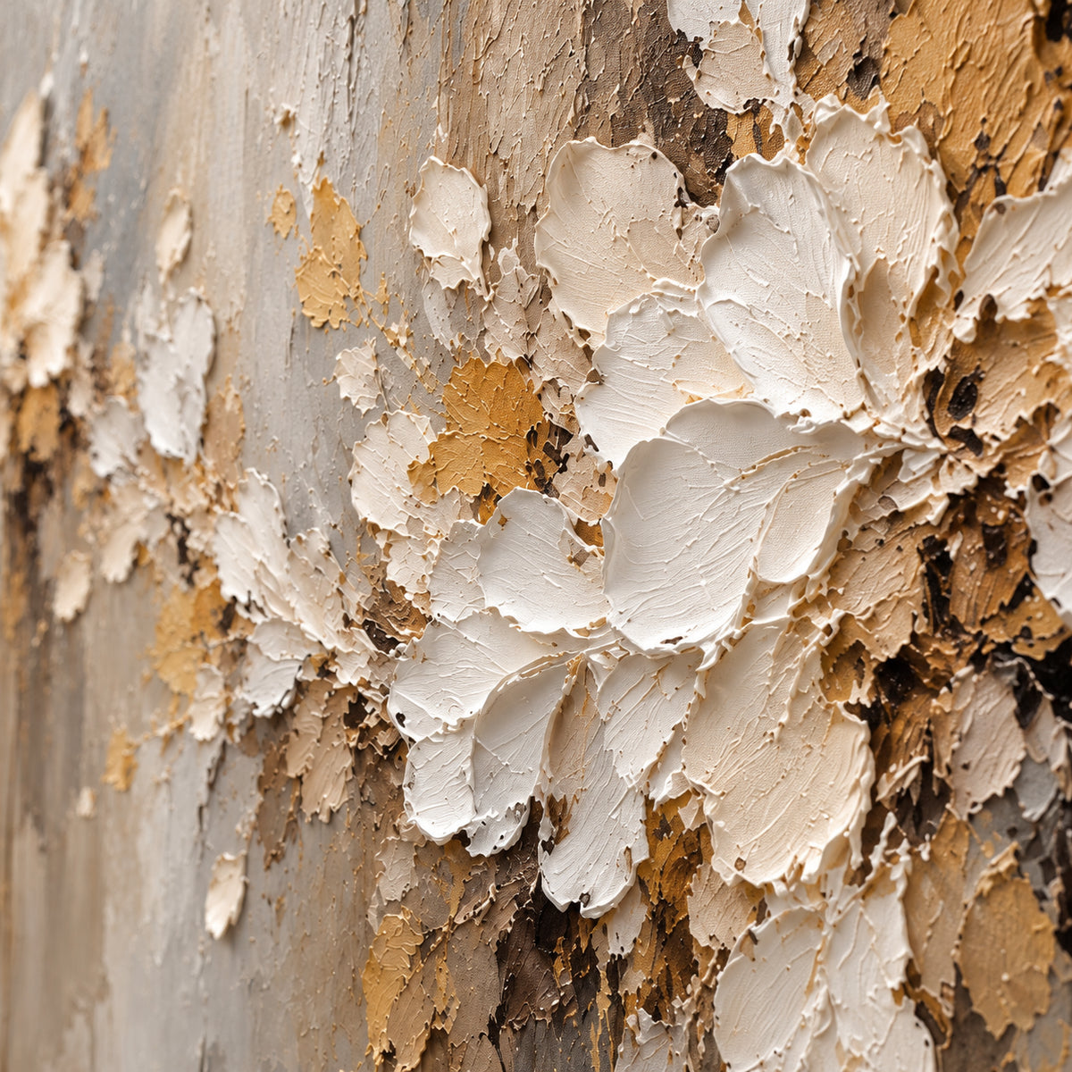 Oblique close-up of the oil painting’s ivory petal forms and textured background, with grazing light revealing raised paint ridges and shallow shadows.