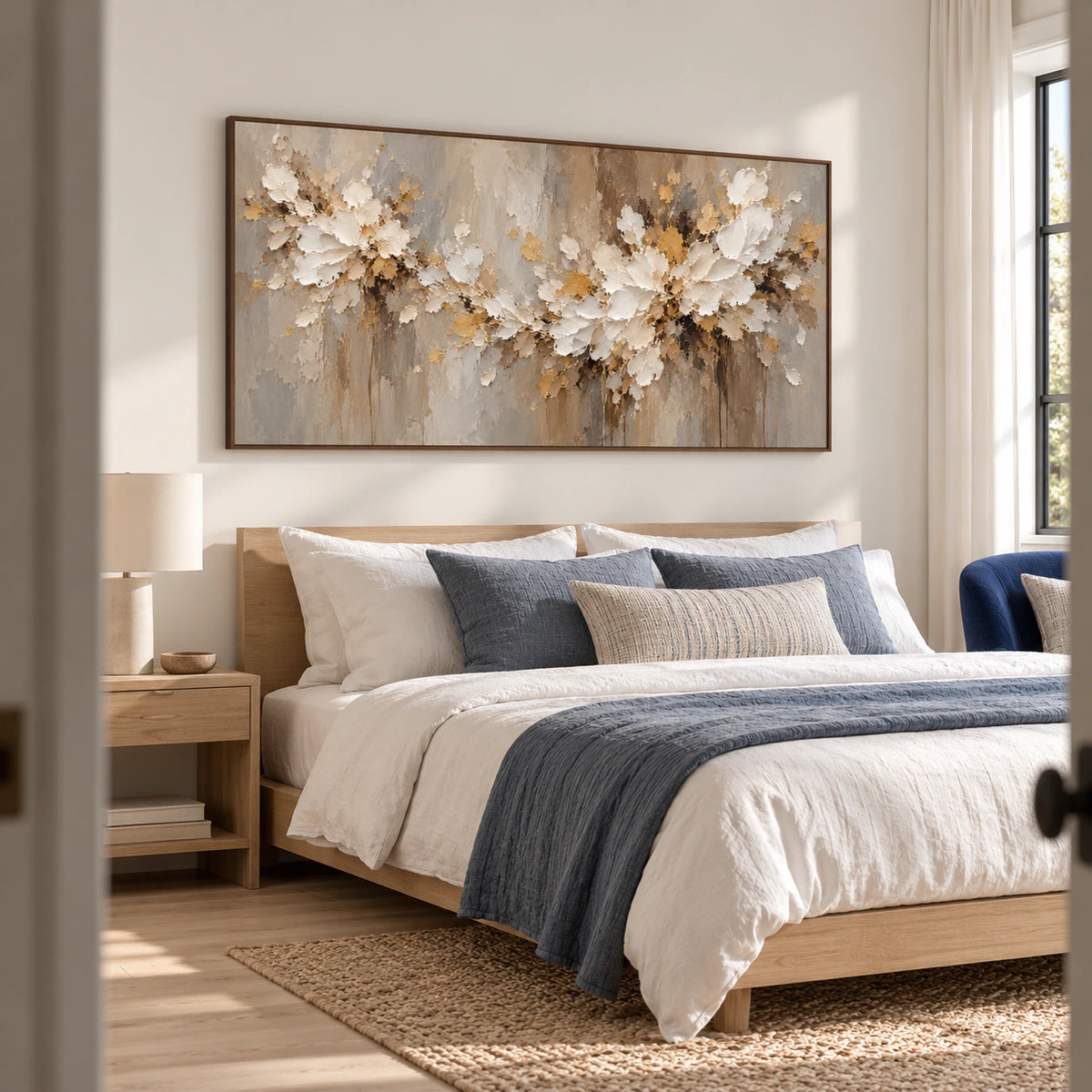Low view from the left of a horizontal ivory floral painting above a simple bed with white linen, muted slate accents and light wood in soft daylight.