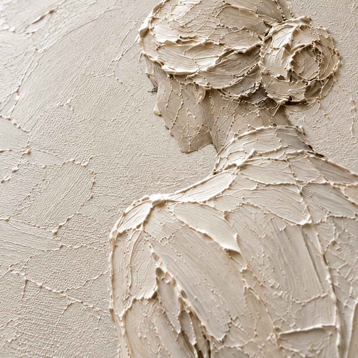Porcelain-Muse oil painting brushwork and impasto detail photographed from an oblique side angle