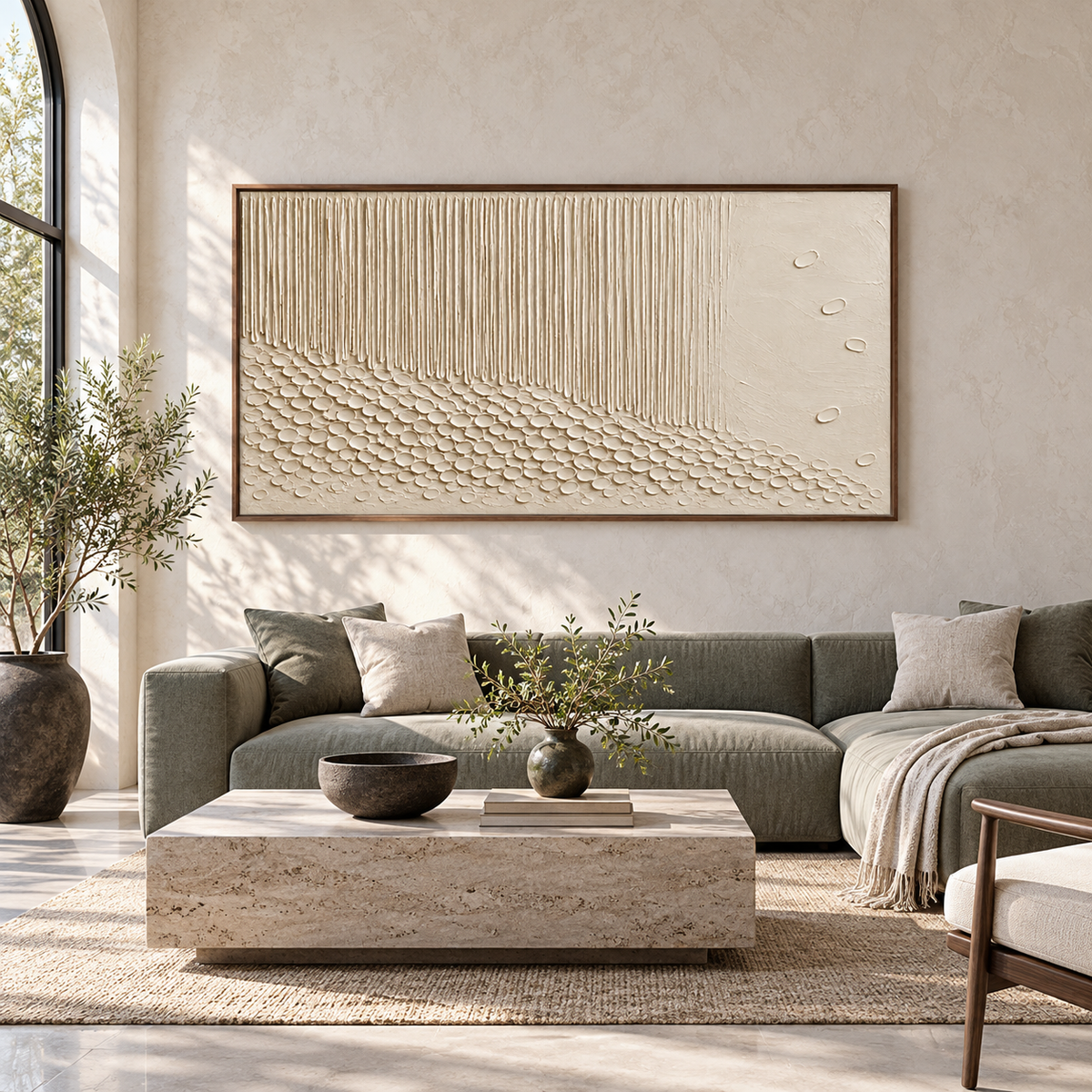 Straight-on view of Porcelain-Rill above a sectional sofa in a spacious interior with bright natural daylight.