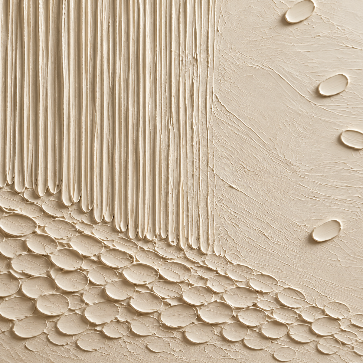 Close detail of Porcelain-Rill from an oblique side angle, with grazing light revealing raised ivory paint and shallow shadows.