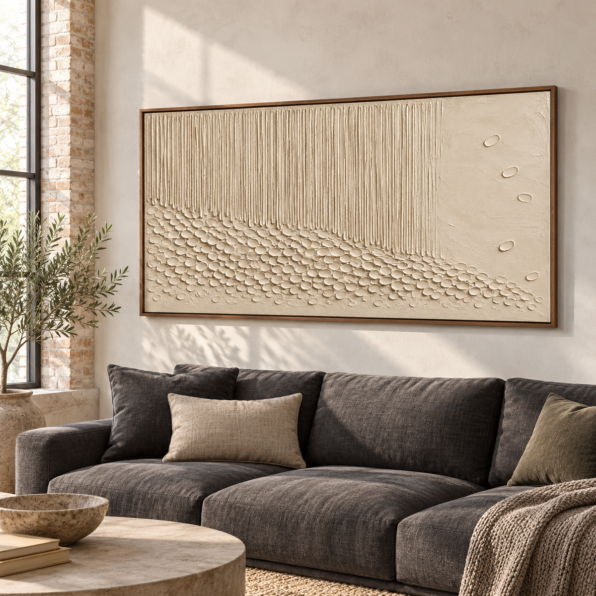 Porcelain-Rill above a charcoal sofa in a bright living room with pale walls and restrained furniture.