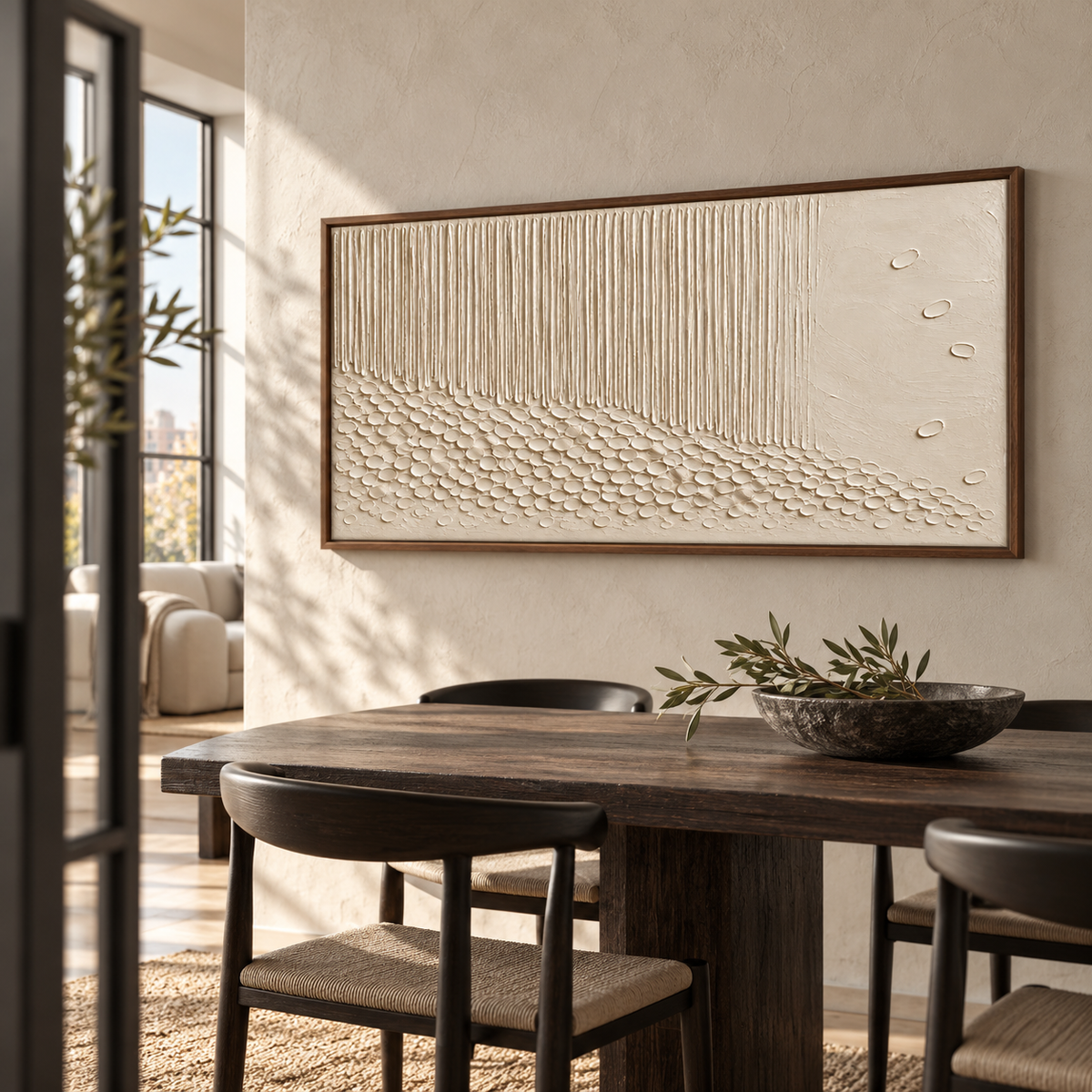 Porcelain-Rill on a muted plaster wall beside a dark wood dining table and simple chairs, viewed from the left at seated eye level.