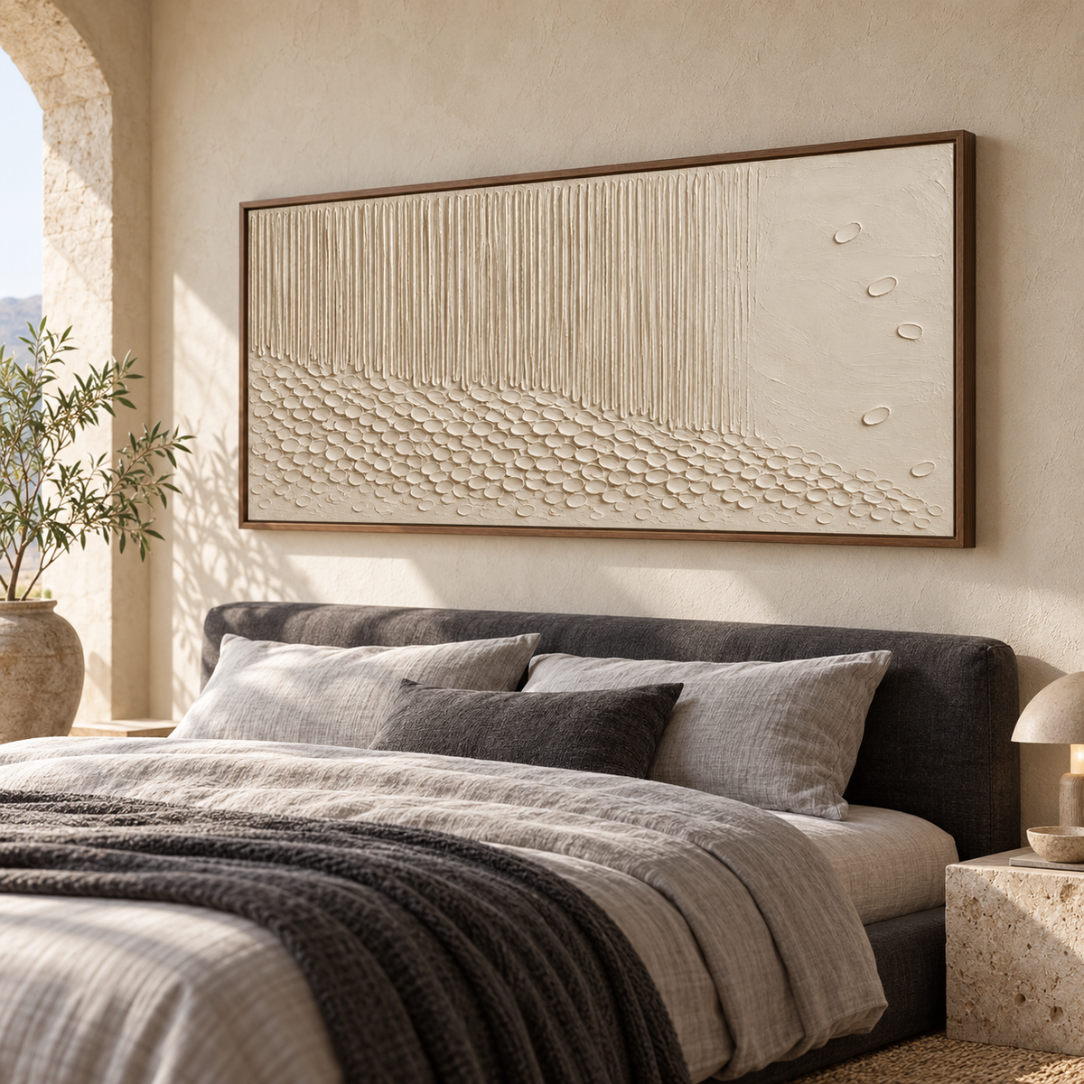 Porcelain-Rill above a low bed with soft grey linen and dark accents in a bright bedroom, viewed from a slightly elevated right angle.