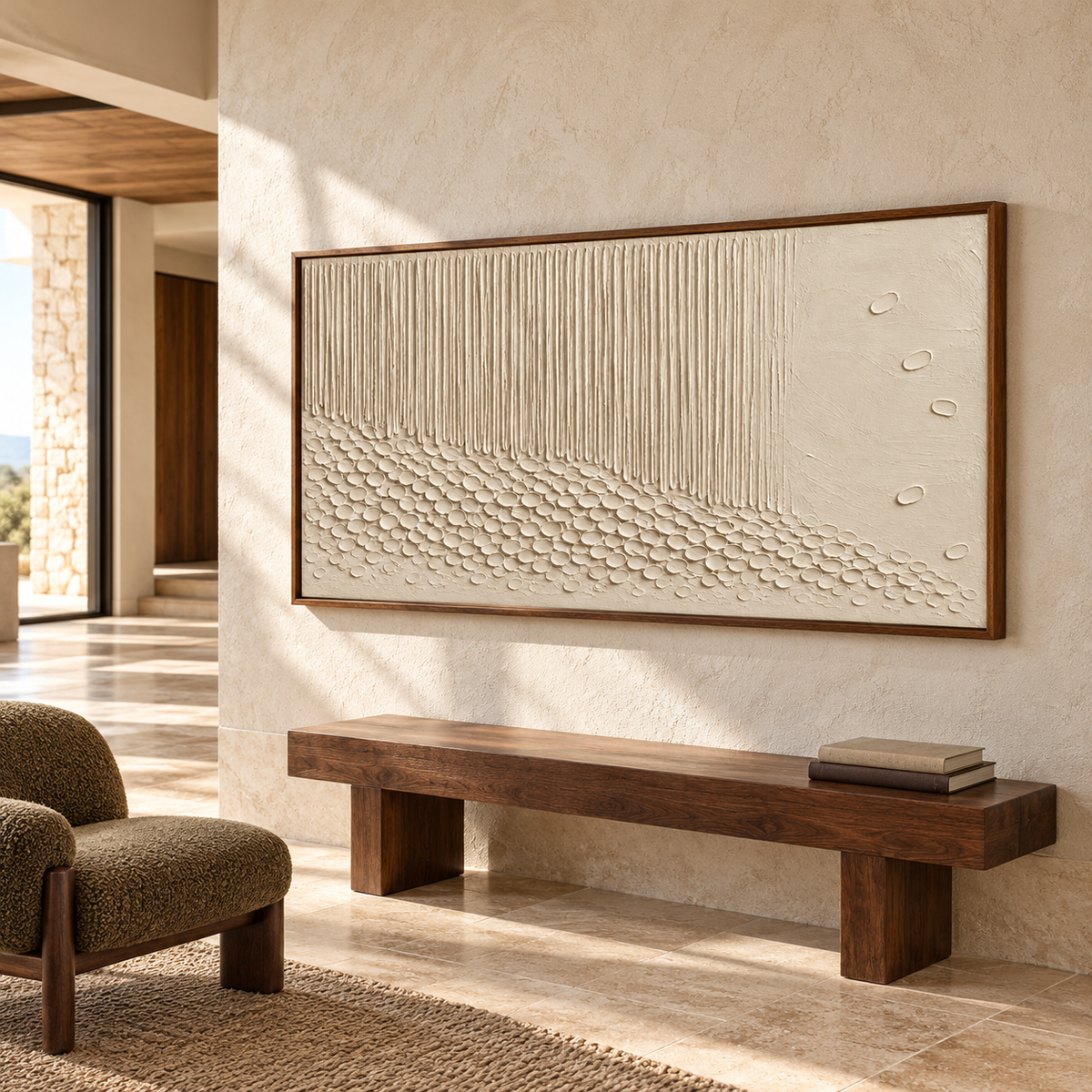 Porcelain-Rill on a broad stone wall in a bright foyer with an open entry and restrained furniture, viewed obliquely from the right at standing height.