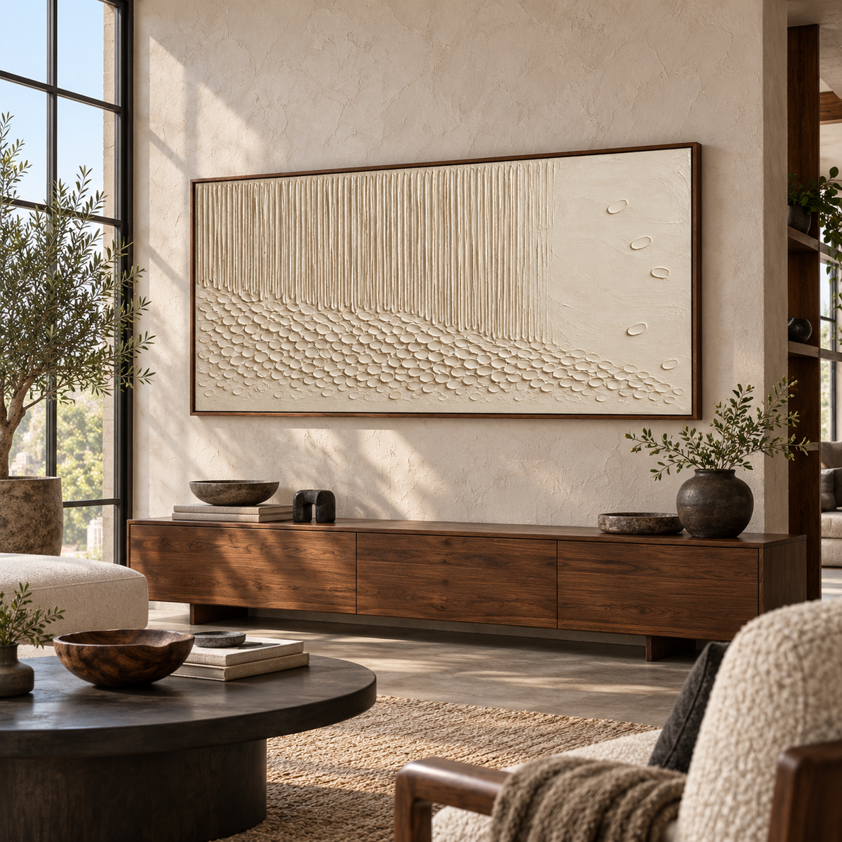 Porcelain-Rill in an expansive loft lounge with tall windows, dark furniture and natural daylight, viewed from a low oblique angle.